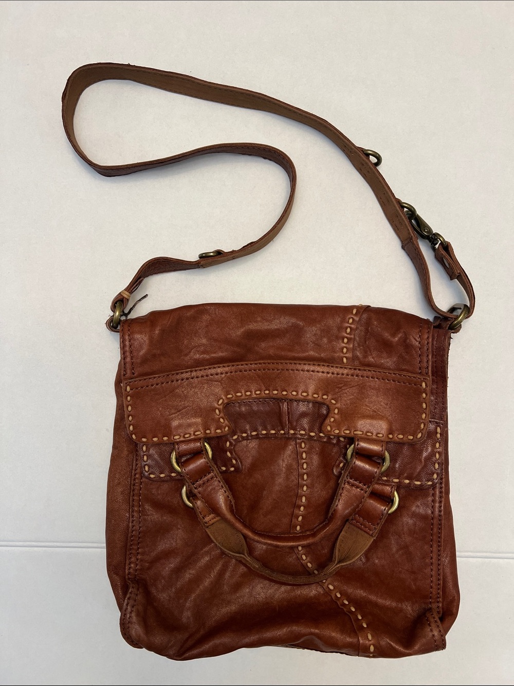 VINTAGE LUCKY BRAND ABBEY ROAD BROWN LAMB LEATHER FOLD-OVER CROSSBODY BAG - Picture 1 of 16